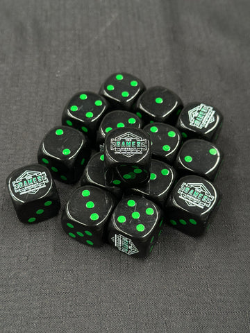 25mm "The Games District" Dice | Black with Green Pips
