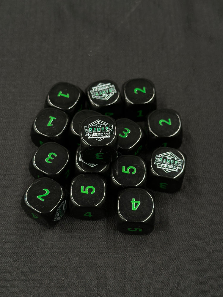 25mm "The Games District" Dice | Black with Green Numbers