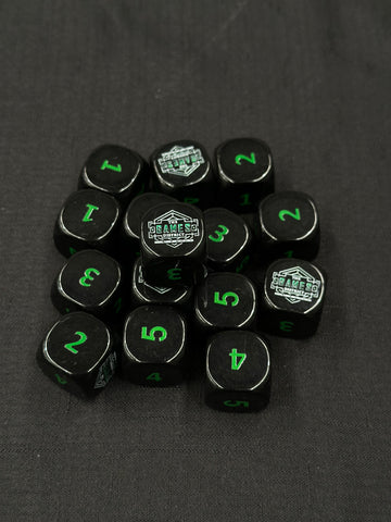 25mm "The Games District" Dice | Black with Green Numbers