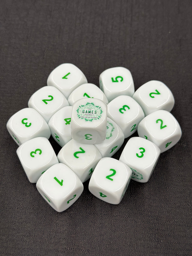 25mm "The Games District" Dice | White with Green Numbers