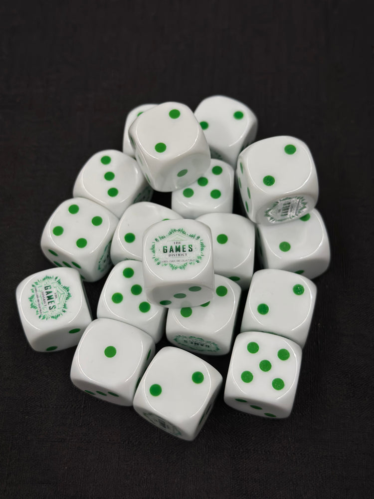 25mm "The Games District" Dice | White with Green Pips