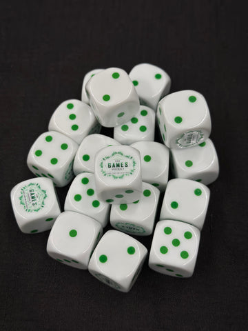 25mm "The Games District" Dice | White with Green Pips
